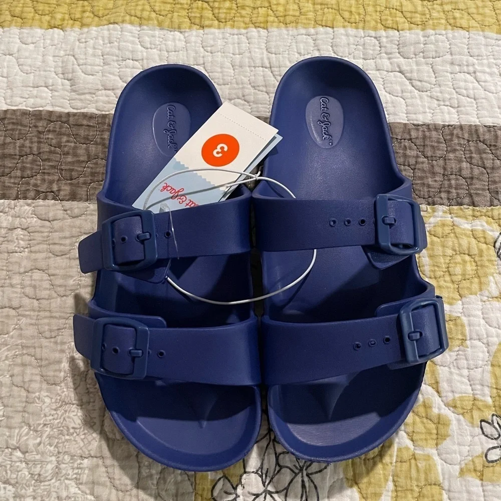 Cat & Jack Blue EVA Sandals – Double Buckle Slides (Girls Size 3)